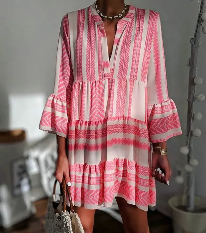 Летние полосатые платья Мини женские 2019 Boho осенние вечерние короткие пляжные повседневные свободные