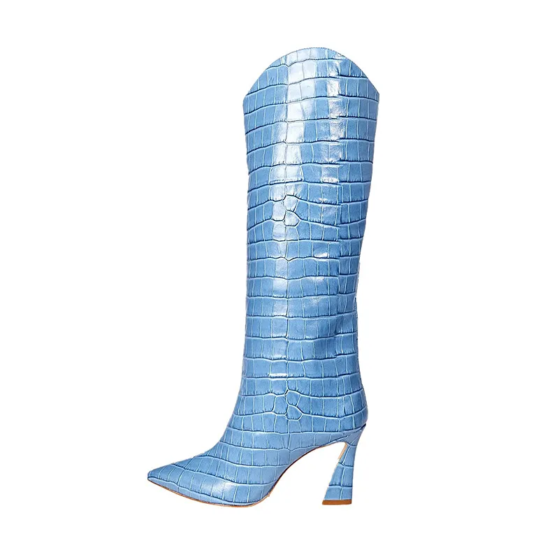 

Women's Winter High Boots Brand New Pointed Horseshoe Heel Stone Pattern Knee-Length Western Boots Banquet Boots Leather Size 43