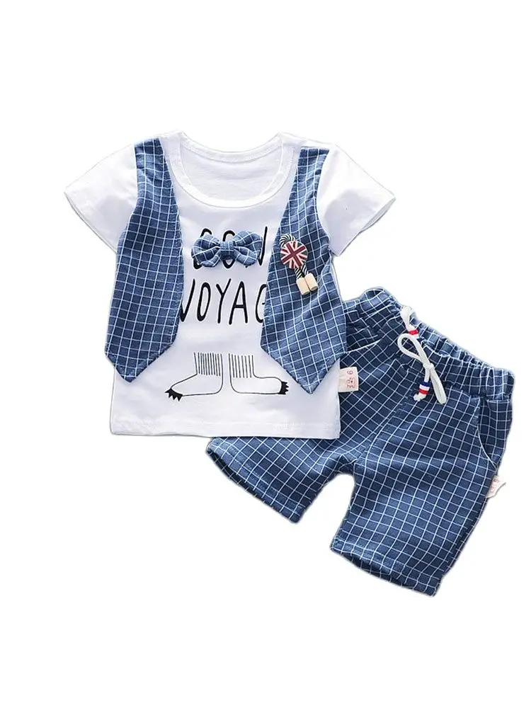 Summer Baby Boys Clothing Sets Cartoon lattice Tie T-shirt + Shorts 2 pieces set Boy Clothes |
