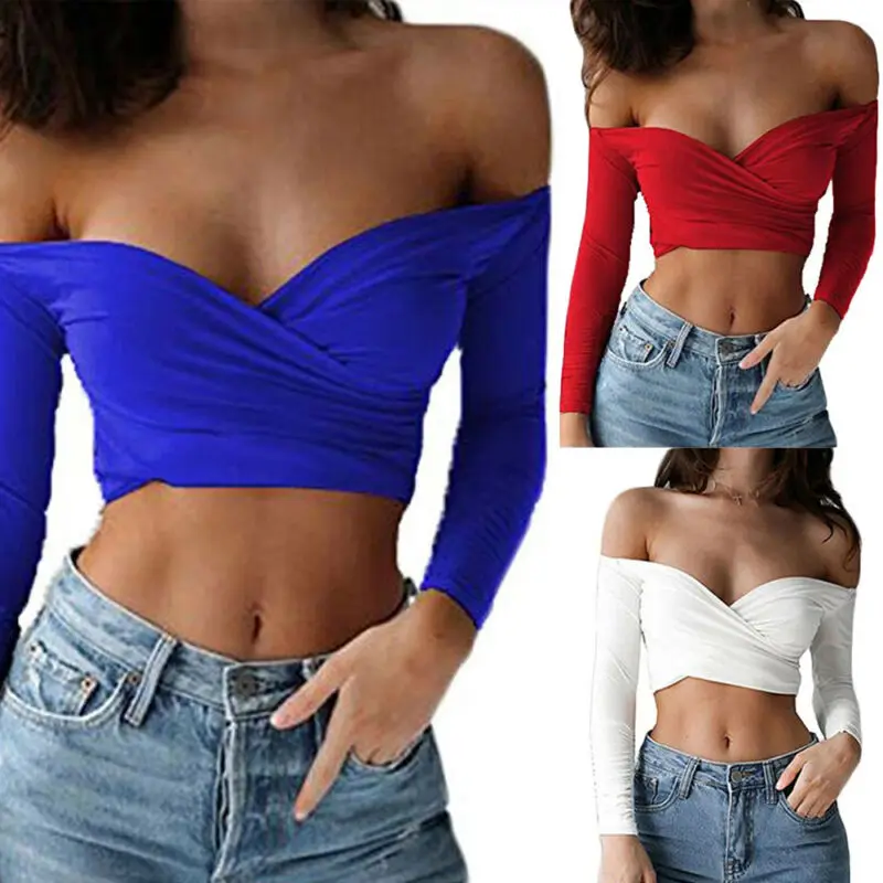 Летняя модная женская блузка с открытыми плечами Укороченная рубашка v образным