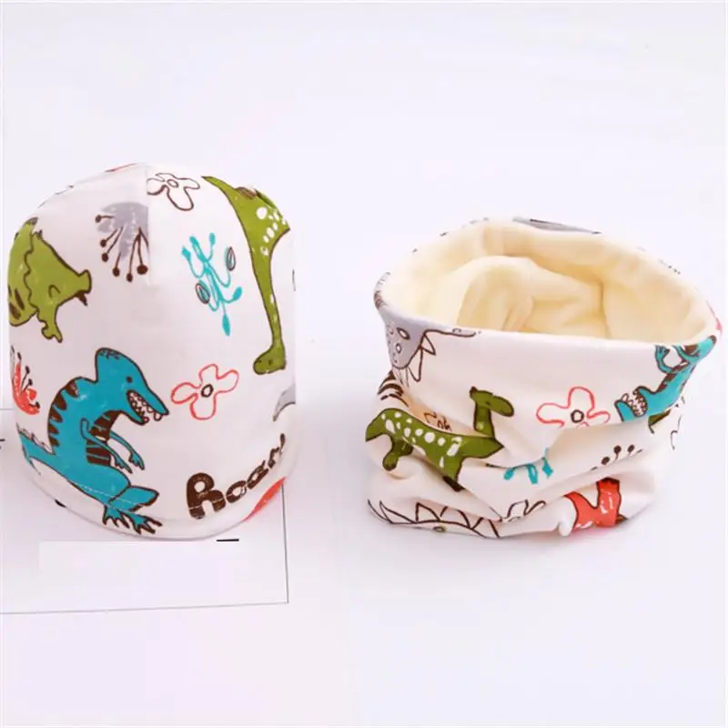 dinosaur A plush Осенне-зимний Хлопковый вязаный детский комплект из 2 предметов, шапка с воротником для мальчиков и девочек, Одноцветный шарф, шапка, комплект из 2 предметов - Цвет: dinosaur A plush