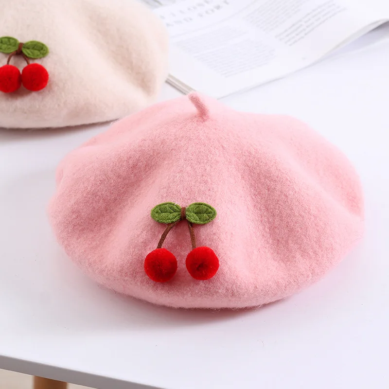Cherry Beret  Children’s Child’s 2-6 Autumn Winter Warm Girl Pure Color Cute Japanese Style Handmade Fashion Painter Berets Kids Hats Headwear for Girls Toddlers in Beige Pink