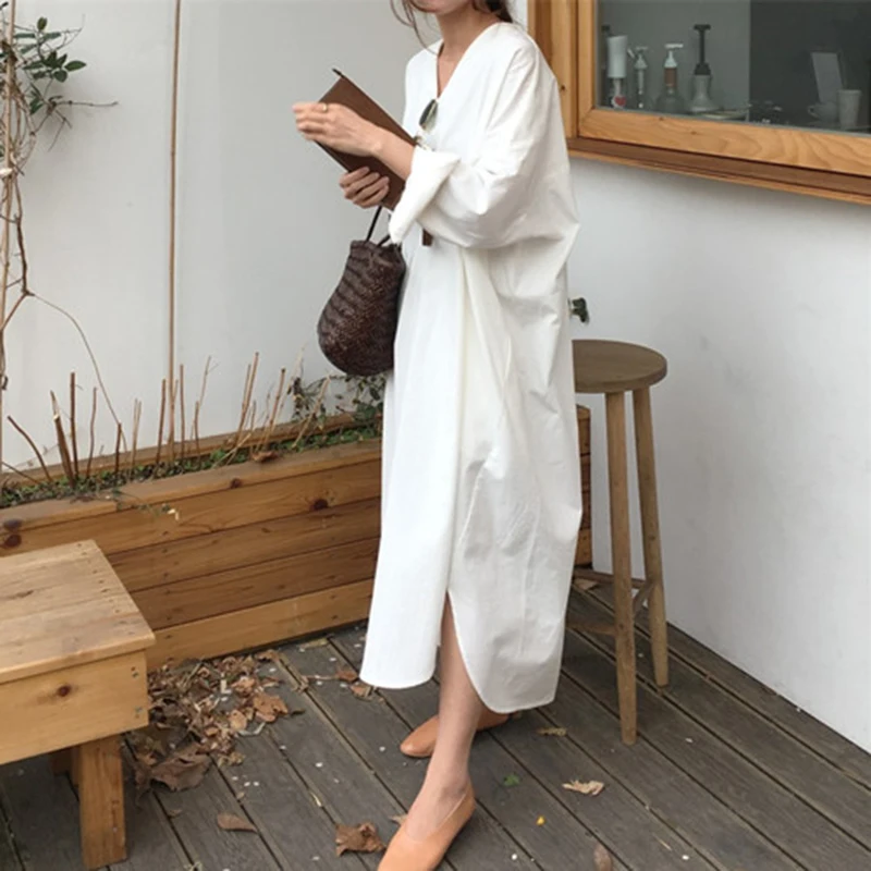 Женское длинное Хлопковое платье повседневное винтажное свободное макси с V