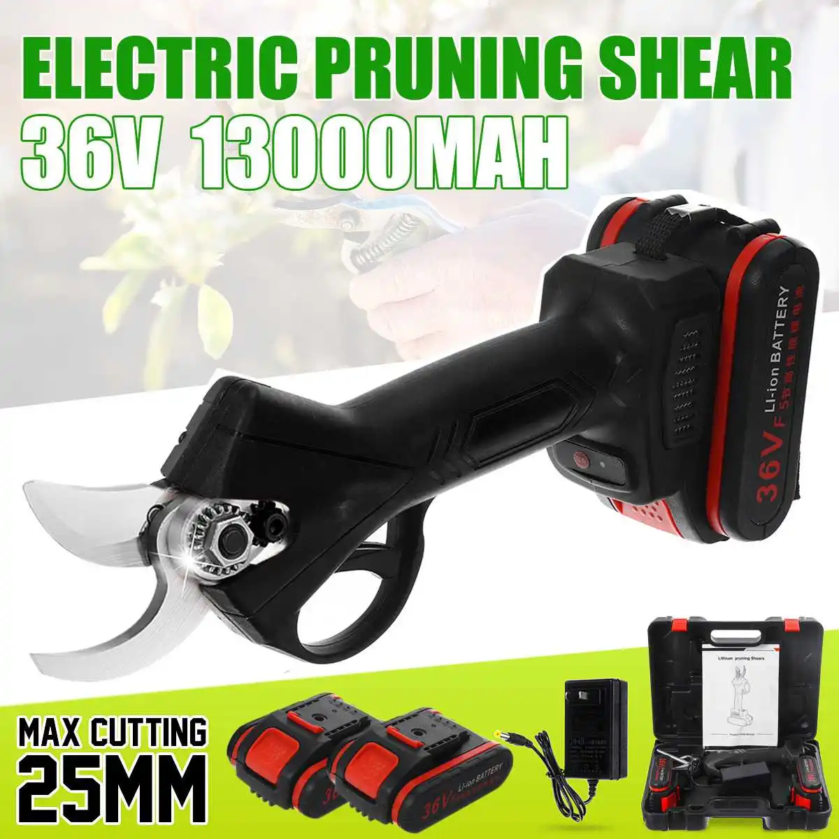 

25mm 36V Electric Pruning Shears Pruner Trimmer with 2 Li-on Battery Cordless Sharp- Blade Cutter Garden Scissors Rechargeable