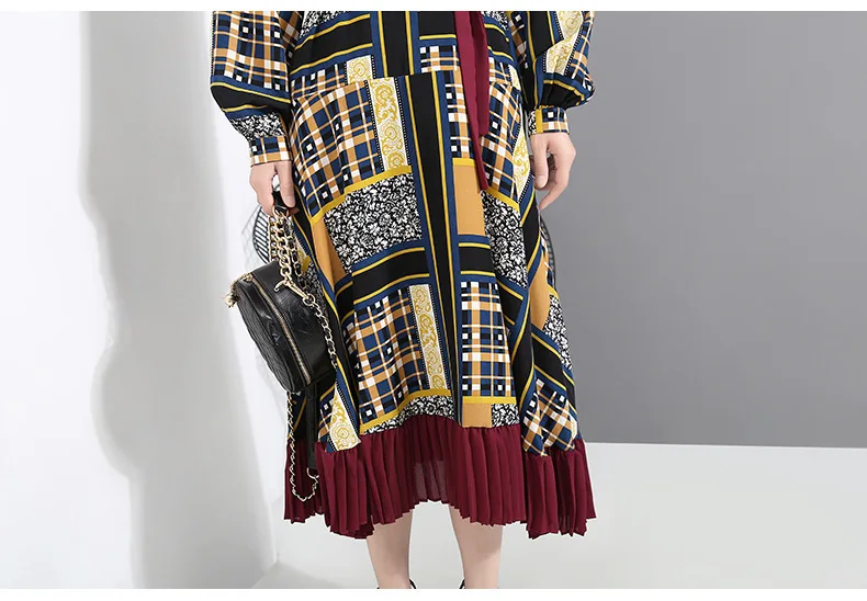 [EAM] Women Pattern Print Pleated Hit Color Dress New Stand Neck Long Sleeve Loose Fit Fashion Tide Spring Autumn 1A884