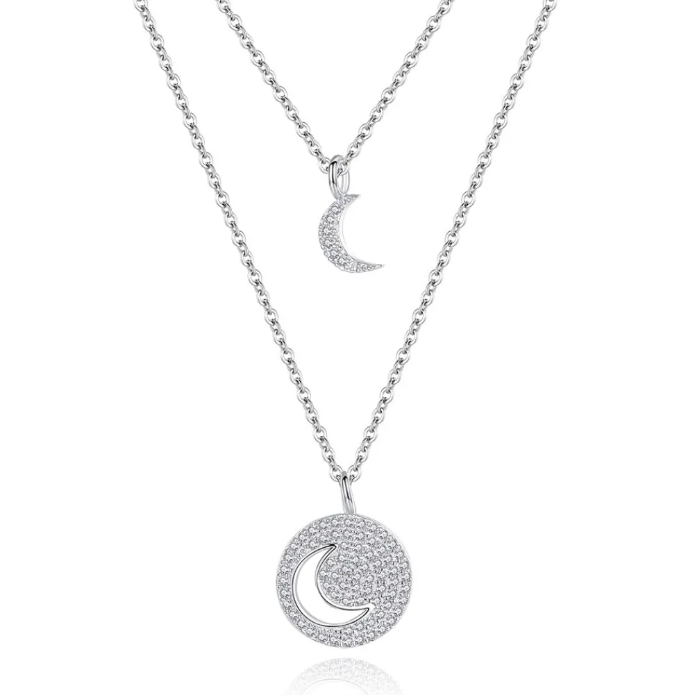 

LEKANI Sterling Silver 925 Jewelry Shiny Round Hollow Moon Necklace For Women Trendy Zircon Double Chain Pendant Necklaces