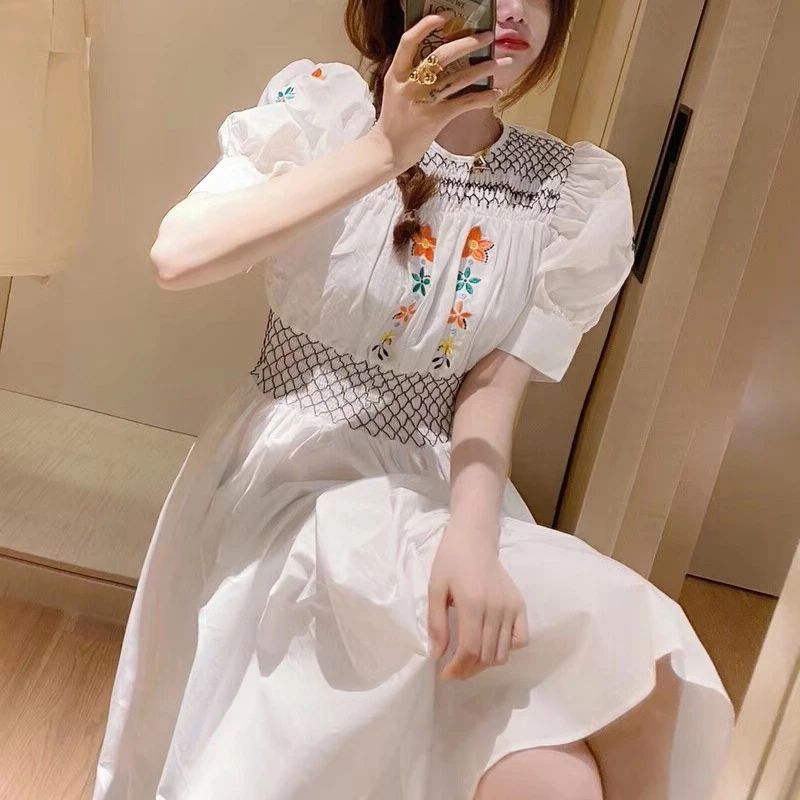 

Korean Short Sleeve White Women's Long Dress Elegant Embroidery Vintage Puff Sleeve Dresses Ladies 2021 Summer
