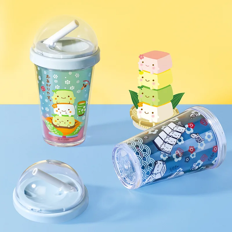 

320ML Plastic Water Bottle Cartoon Double Layer With Straw Summer Bling Pink Rainbow Girls Bottle Breakfast Milk Juice Cup Gift
