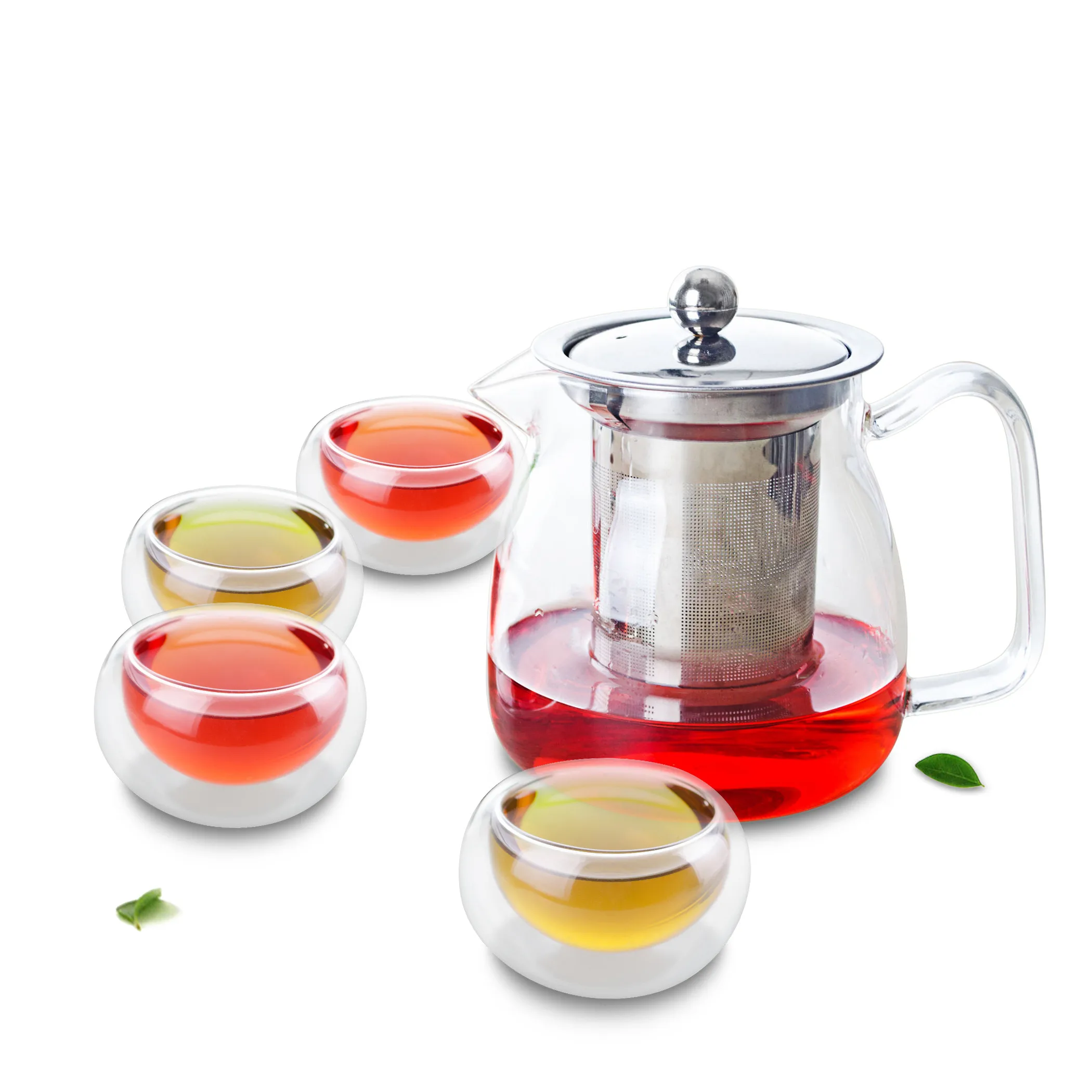 

1x 5in1 Kung fu Coffee Tea Set-575ml Glass Flower Teapot w/ Stainless Steel Infuser Filter + 4x Double Wall layer Kungfu Tea Cup