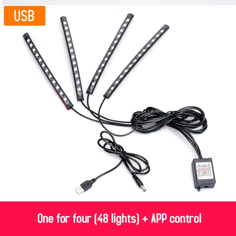 4x12 USB APP Светодиодная автомобильная лампа для ног окружающий светильник RGB usb app беспроводной Дистанционное управление музыкой автомобильный интерьерный декоративный неоновый атмосферный светильник s - Испускаемый цвет: 4x12 USB APP