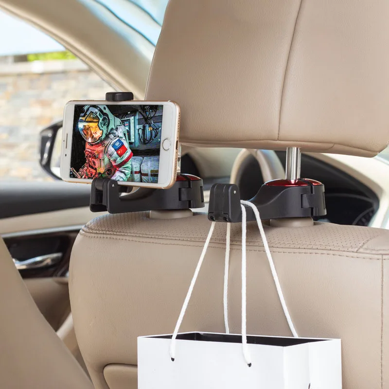 

1Pc Car Headrest Hook with Phone Holder Seat Back Hanger for Bag Handbag Purse Grocery Cloth Foldable Clips Organizer