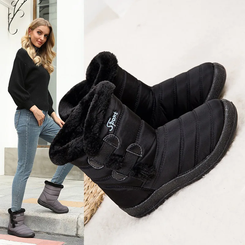 

Women boots 2022 winter waterproof snow boots warm plush solid casual women shoes slip-on flat women ankle boots