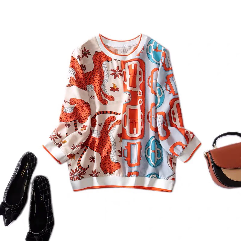 

2021 new spring and summer women's mid-sleeve floral chiffon shirt high-quality fashion T-shirt top