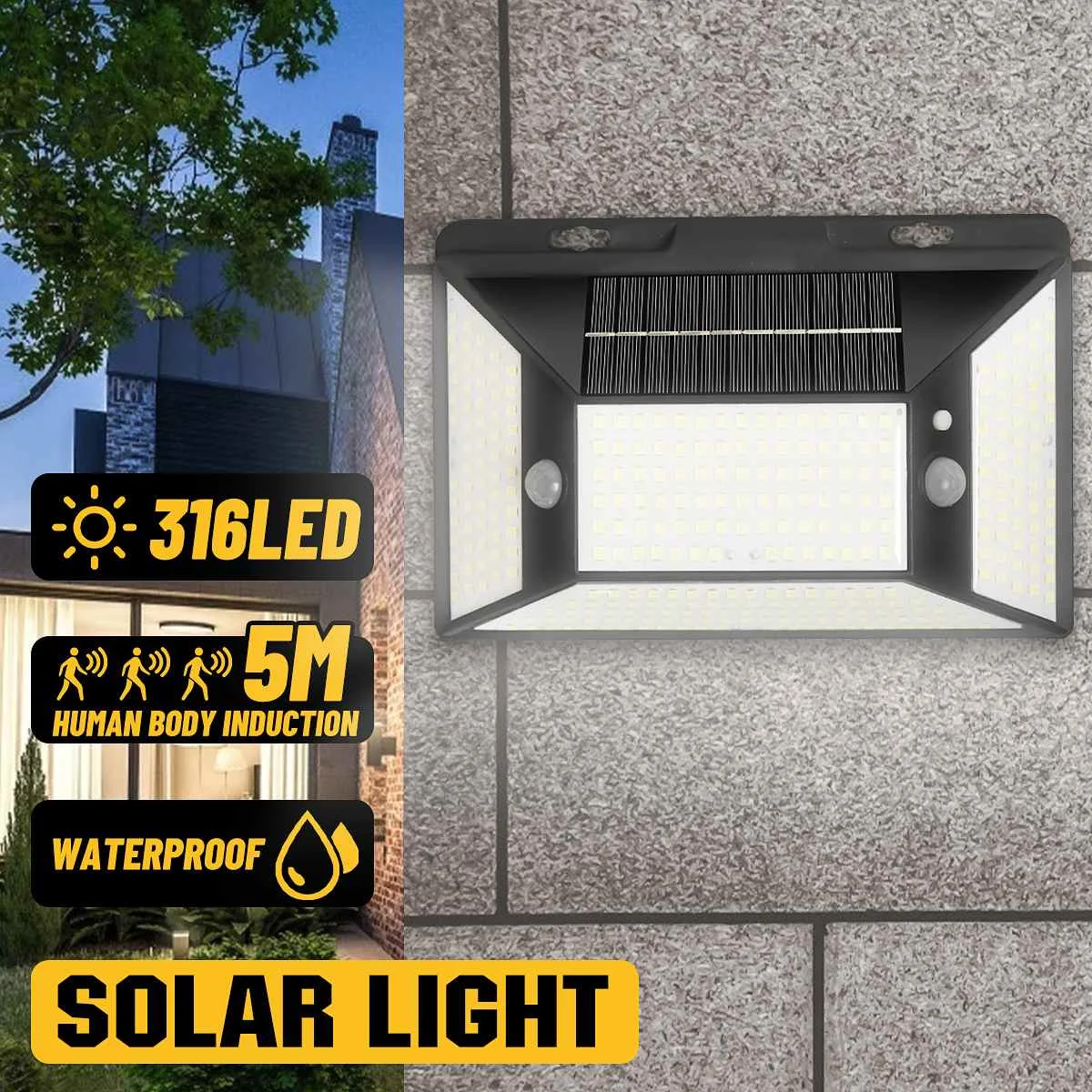 

Уличная лампа на солнечной батарее с датчиком движения, 316 светодиодов