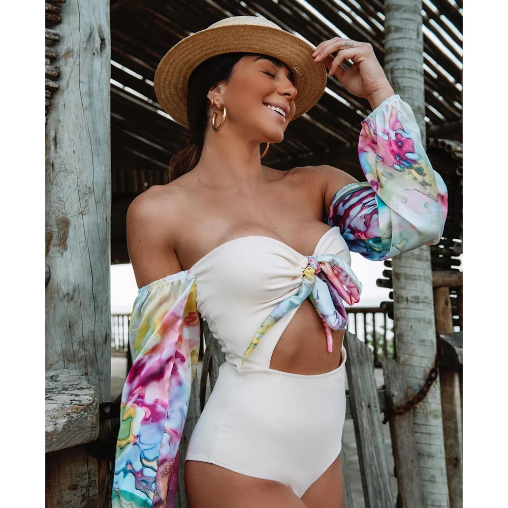 

Sexy One Piece Swimsuit 2021 Long Sleeve Swimwear Women V-Neck Monokini Print Backless Bodysuit String Plus Size Bathing Suit
