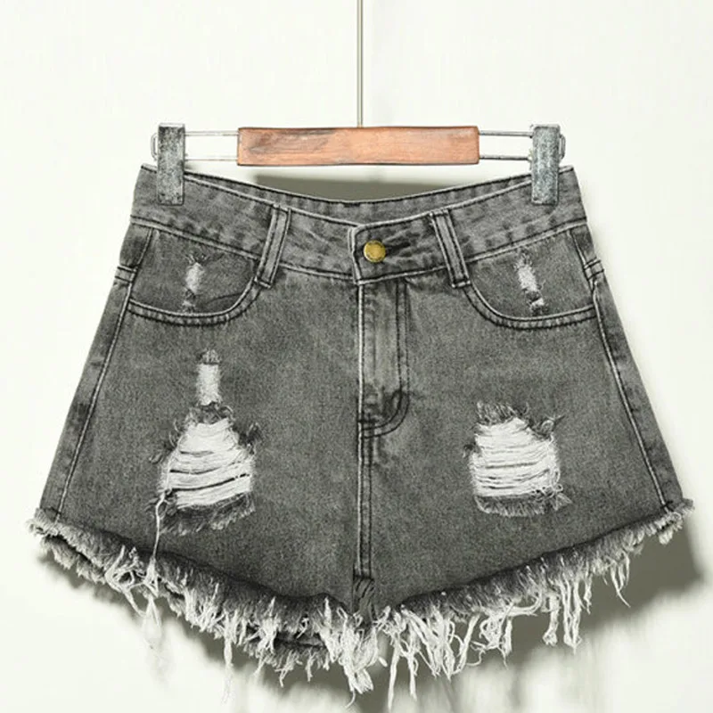 Летние женские джинсовые шорты с карманами и высокой талией винтажные рваные