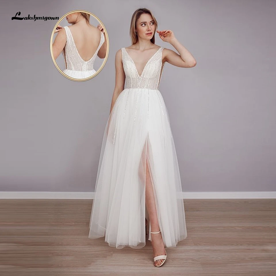 

Lakshmigown Luxury Beading White Tulle Beach Wedding Dress Summer 2021 Sexy V-neck Bridal Receipt Wedding Gowns Floor Length