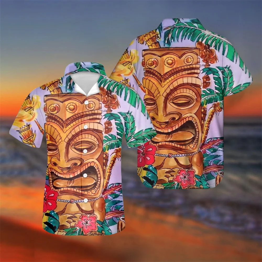 

Tiki Drum with Tropical Plam Print Hawaii Men's Casual Cuban Shirts Summer Short Sleeve Men Clothing camisa masculina