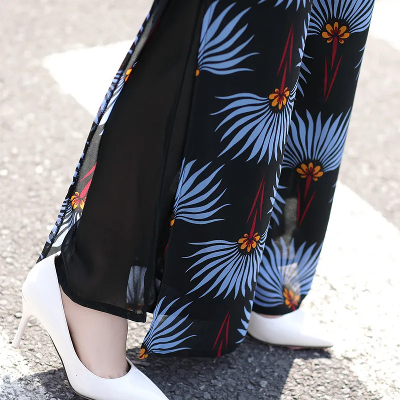 

Summer New Side Split Floral Print Trousers Thin Chiffon Vacation Wide Leg High Waist Seaside Beach Pants Female S to 3XL