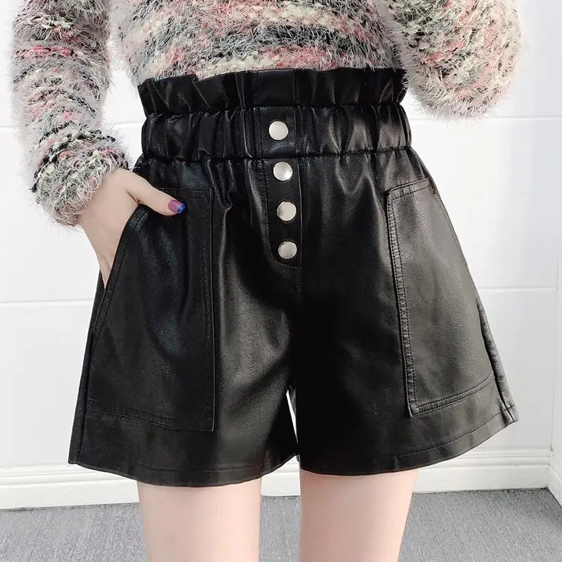 

2022 Spring Autumn High Waist PU Leather Shorts Women Wide Leg Shorts Casual Loose Elastic High Waist Outer Boots Shorts Y558