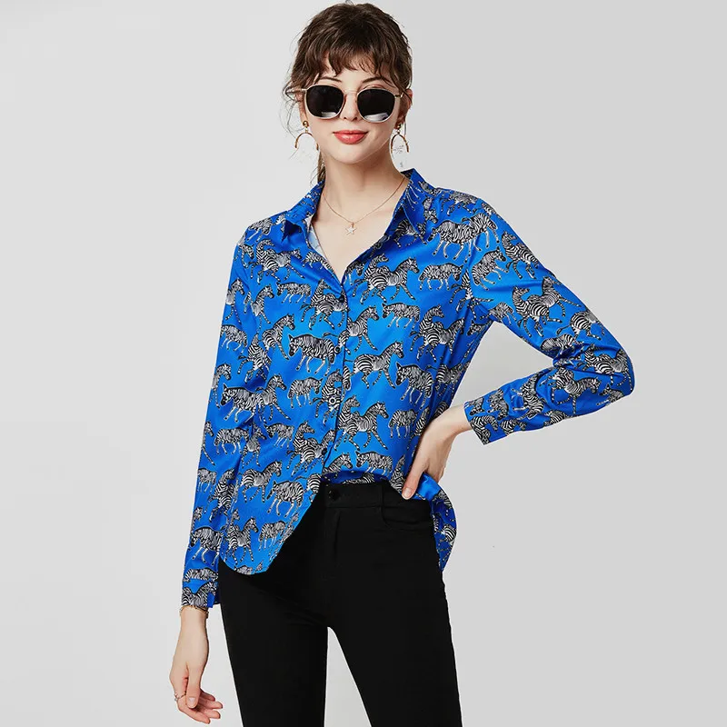 Женская Свободная блуза с длинным рукавом отложным воротником и принтом