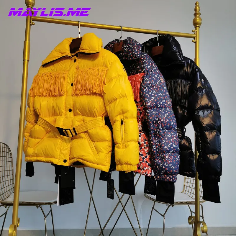 2021 зимняя Роскошная брендовая куртка, модная Новая Женская пуховая куртка, пальто с цветочным дизайном и поясом, теплая плотная Повседневна...