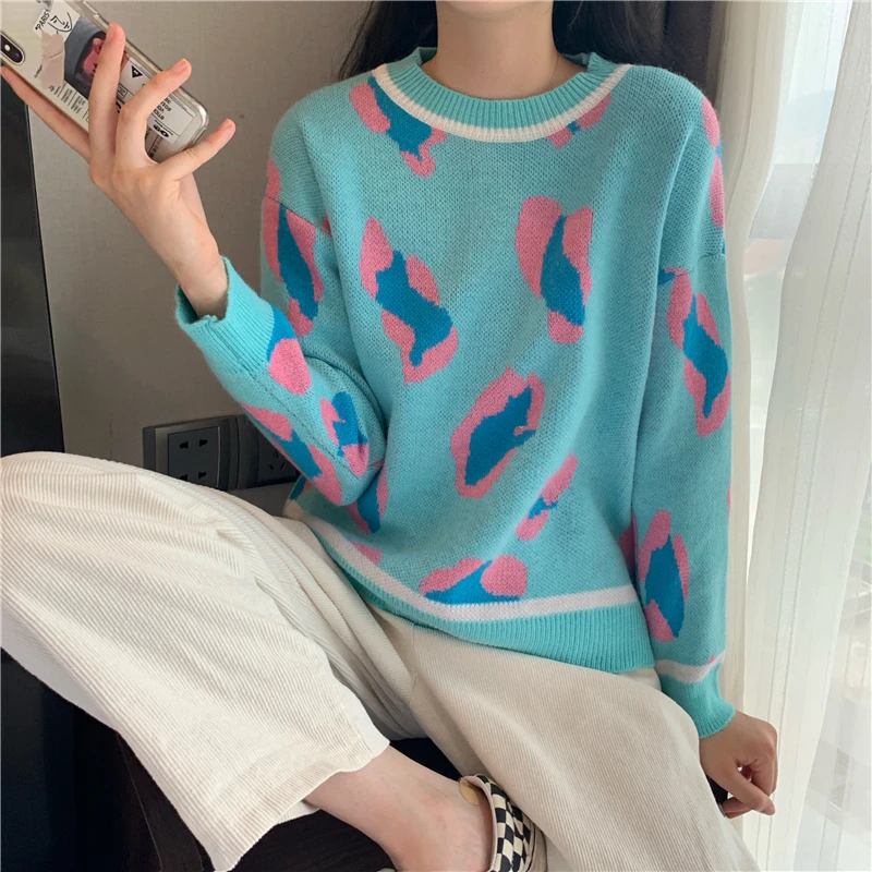 Трикотажная леопардовая свободная зимняя одежда женские пуловеры модный бренд