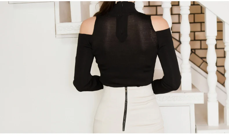 

Winter Black Top Sheath T-Shirt Sexy Women Cloth Off Shoulder Ladies Long Sleeved Stand Neck Underwear