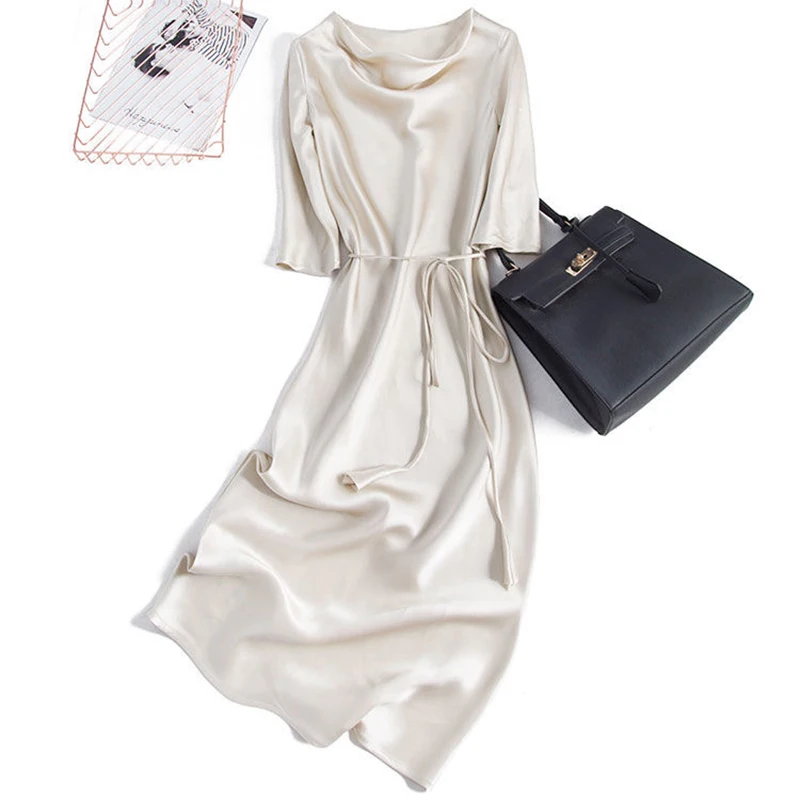 Платье женское однотонное атласное с рукавом до локтя Модное Длинное мягкое