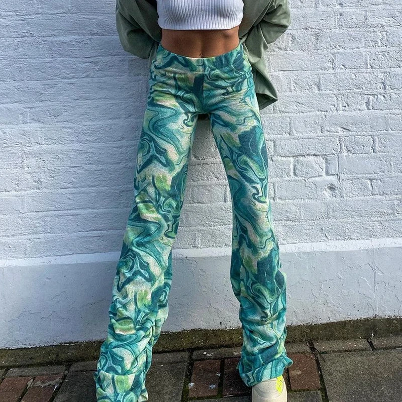 

Green Tie Dye Stacked Sweatpants Women Streetwear Hip Hop High Waist Pants 2000S Aesthetic Punk Baggy Harajuku 2021