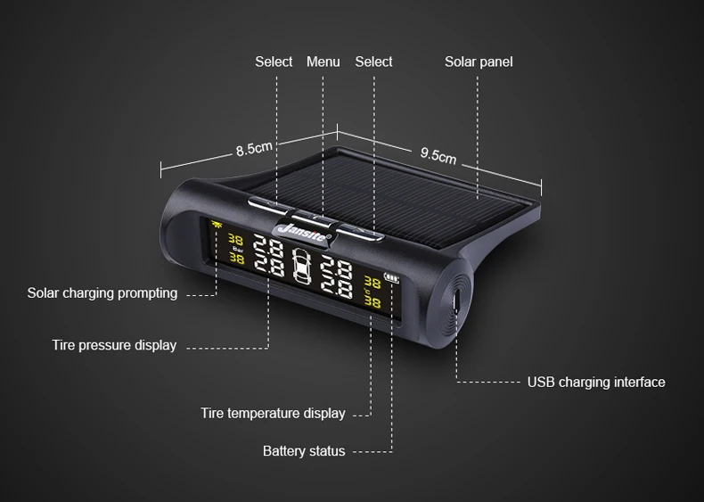 Vtopek Car TPMS 4 Tyres Car Tire Pressure Monitoring System Wireless Auto Alarm USB or Solar Charging HD Digital LCD Display