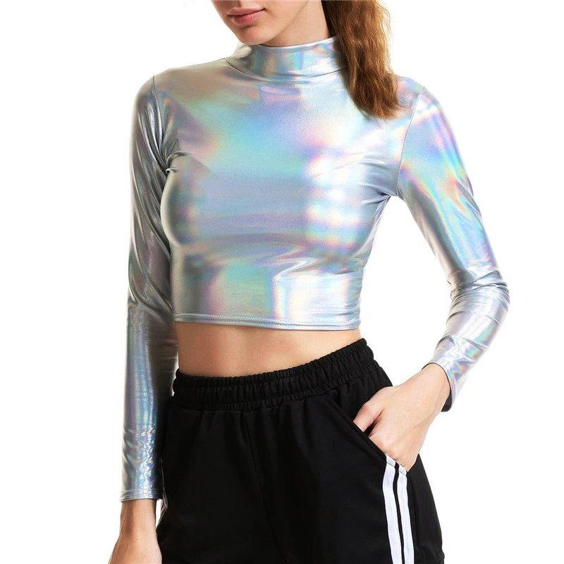 

2023 Women Punk Turtleneck Long Sleeve Crop Top Holographic T Shirt Rave Club Dance Mock NeckLiquid Metallic Cropped Tops Shirt