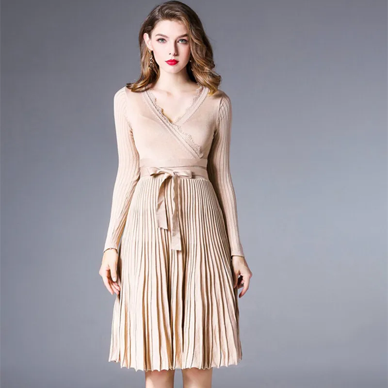 

2020 Autumn Winter Dresses Women Elastic Bottoming Khaki Long Sweater V Neck Straight Knitted Pullovers with Belt