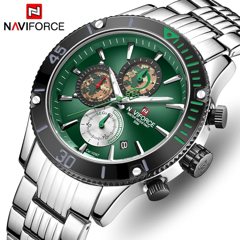 NAVIFORCE люксовый бренд мужские часы мода серебро зеленый кварцевые спортивные