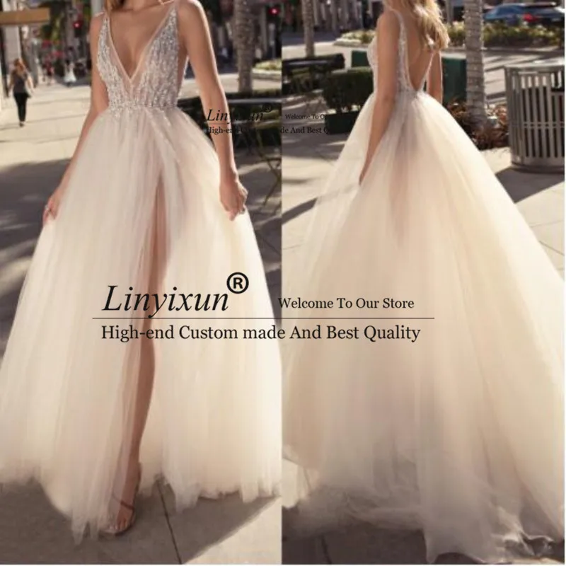 

Charming 2019 Tulle Evening Dress Backless V Neck High Split Sexy Prom Dresses Custom Made Special Occasion Dresses Cheap