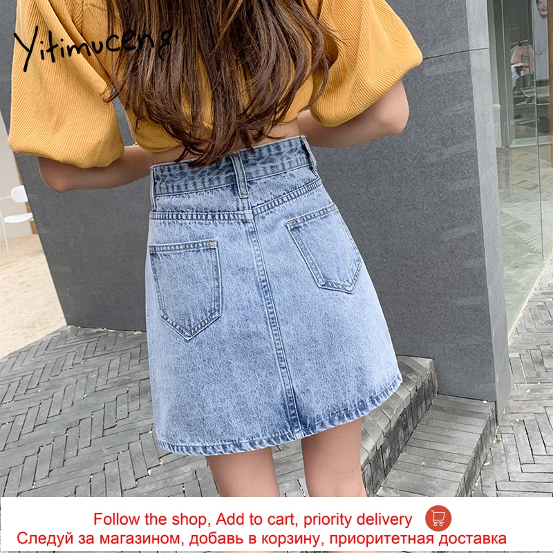 

yitimuceng new denim skirts women casual A-line high waist irregualar blue solid plus size chic jeans skirt with belt mini skirt