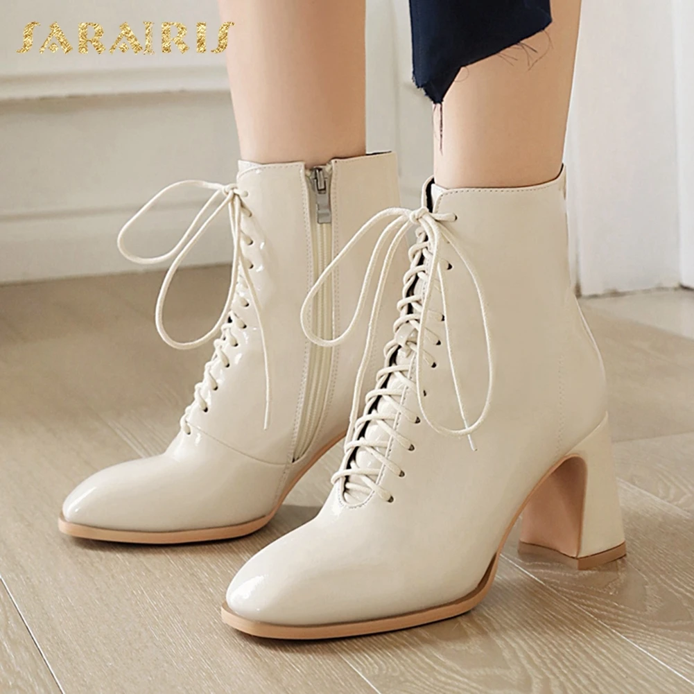 

Brand New Big Size 48 Hoof High Heels Fashionable Shoelaces Winter Shoes Women Office Lady Ankle Boots Female