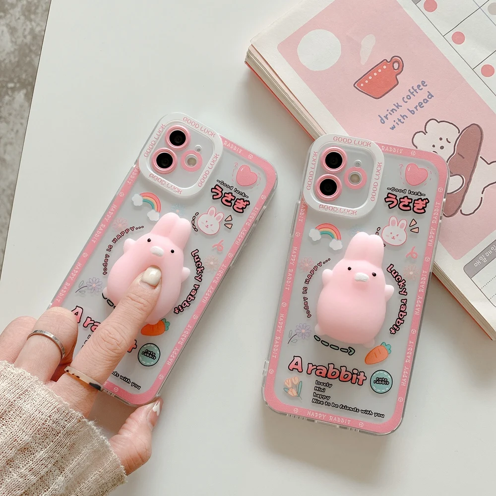 

Cute 3D White Cloud Pink Rabbit Phone Case For iPhone 11 12 Pro Max XS X XR 7 8 Plus SE 2020 Cartoon Soft Silicone Back Cover