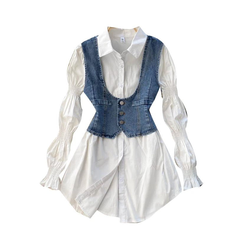 

2021 New Spring Retro Denim Vest Jacket Fashion Age Reduction Suit Female Two-piece Puff Sleeve All-match Shirt C227