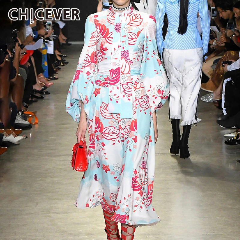 CHICEVER/осеннее платье с принтом и бантом для женщин рукавами фонариками круглым