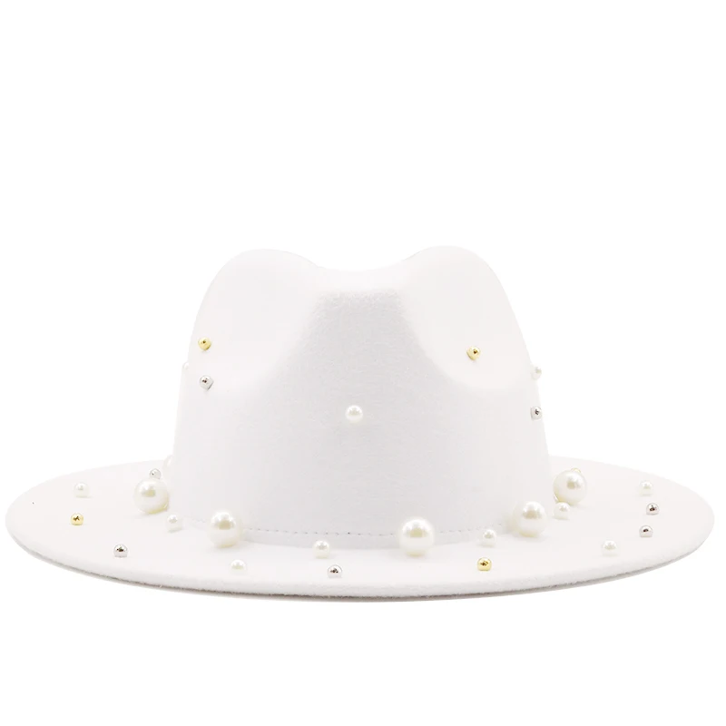 Sombrero Fedora de lana con perlas grandes para hombre y mujer, Sombrero elegante de ala ancha para invierno y otoño, Sombrero de Jazz Panamá, novedad