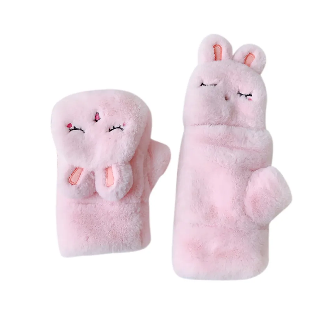 pink Модные женские зимние милые теплые флисовые утепленные плюшевые перчатки с кроличьими ушками теплые мягкие кавайные лыжные перчатки - Цвет: pink