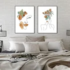 Современная Абстрактная фигурка, линия, Художественная печать, женщина, губы, лицо, холст, живопись, цветные цветы, листья, плакат, настенные картины в скандинавском стиле, домашний декор