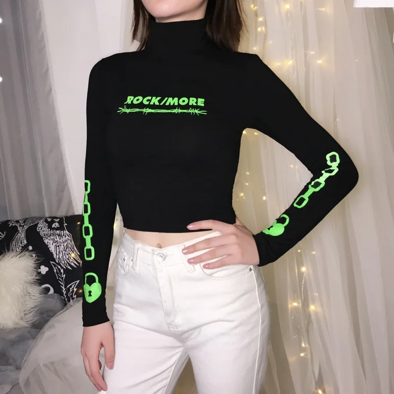 SheBlingBling мода сердце замок цепи буквы печати черная футболка Женские Короткие топы Водолазка с длинным рукавом Повседневные женские футболки