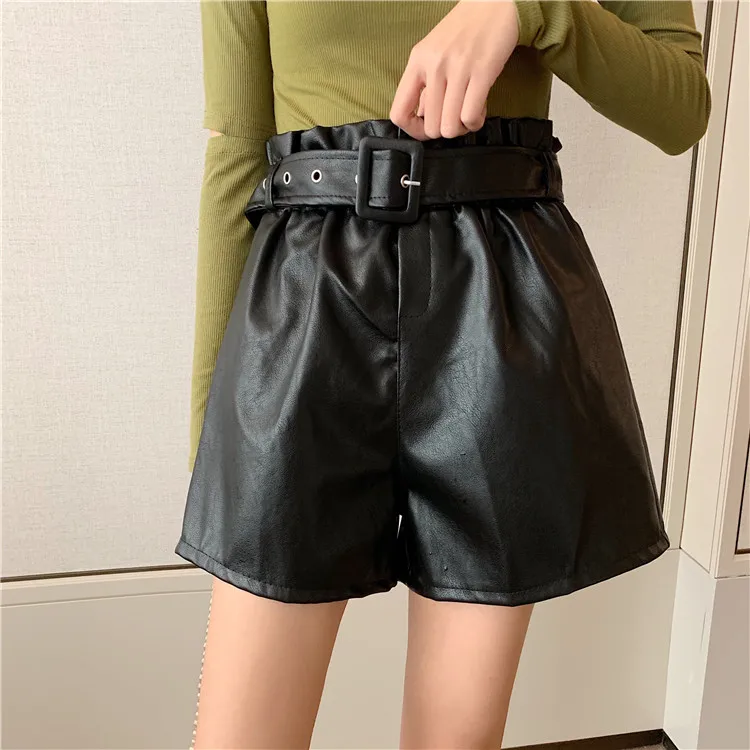 Boyfriend Womens High Waist Faux Leather Shorts Women Black White Green Short Hot Pants Mujer Femme Pu Straight Loose Bermuda