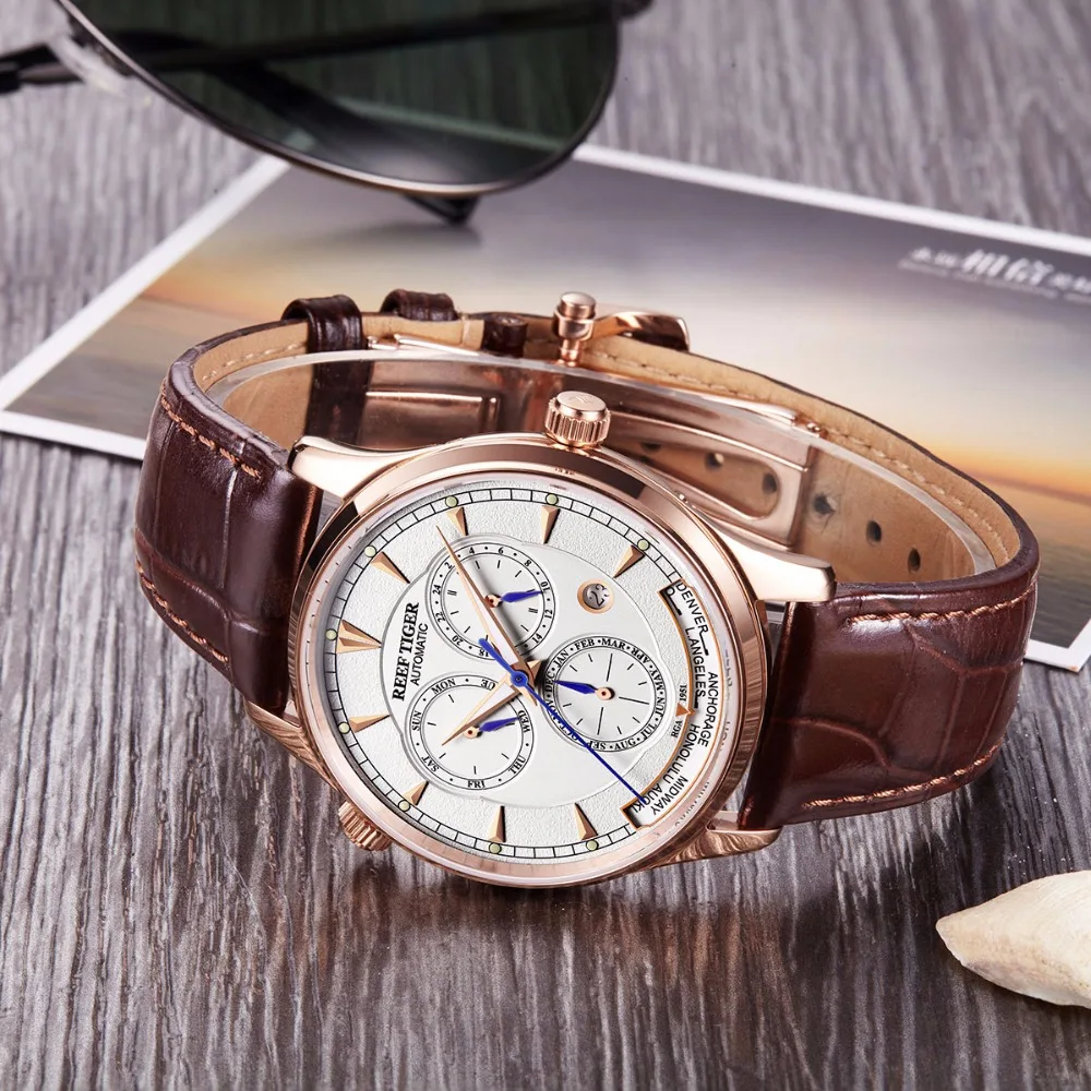 Reef Tiger/RT World Time часы с датой день месяц розовое золото кожаный ремешок часы двойное время Мужские автоматические часы RGA1951