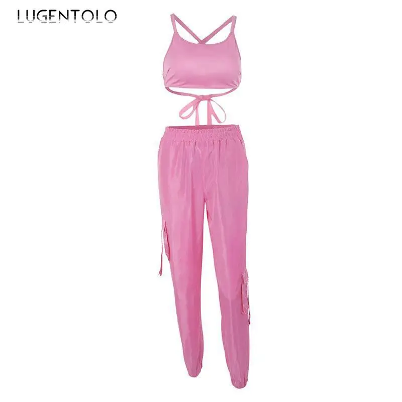 

Women Two Piece Outfits Summer Set Crop Top Solid Sexy Sleeveless Camisol Long Straight Sport Pants Casual Sets Lugentolo