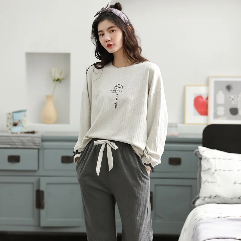 

Spring and Autumn Newest Pajamas Ladies Cotton Long-sleeved Trousers Suits Multi Colors Warm Two Piece Set Autumn Home Clothes