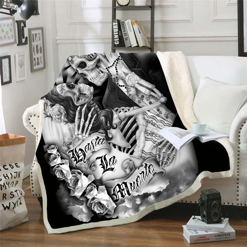 Bedding Outlet Skull Plush Blanket Sherpa Gothic Black White Mystic Bed For Boy Mantas De Cama style-008 | Дом и сад