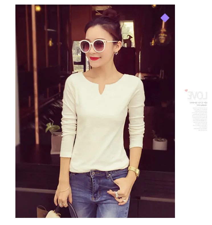 2019 весна осень женская футболка с длинным рукавом Тонкая черный белый хаки v